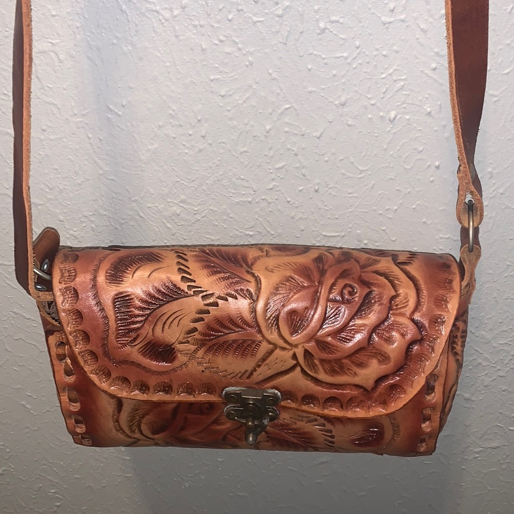 Hand-Tooled Floral Leather Satchel - Brown